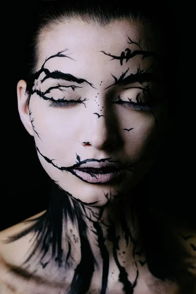 Beautiful woman with creative make-up halloween tree make-up — Stock Photo, Image