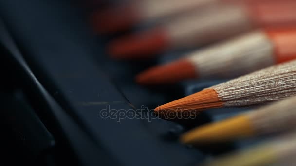 Línea de lápices de diferentes colores en caja. . — Vídeo de stock