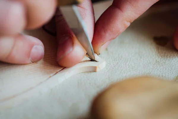 Maestro liutaio artigiano che lavora alla creazione di un violino. minuzioso lavoro dettagliato sul legno . — Foto Stock