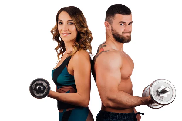 Retrato de un hombre y una niña barbudos, modelo de fitness posando sobre fondo blanco . — Foto de Stock