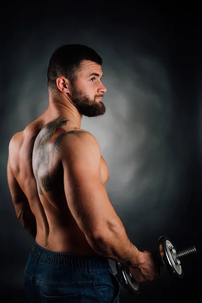 Portret van een bebaarde man fitness model, torso. Halter in de hand, bekijken van terug. Grijze achtergrond. — Stockfoto