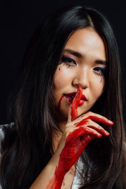 close-up portrait of a young, beautiful Asian girl on Halloween. woman covering her face bloody hand. clipart