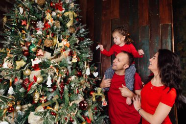 Mutlu bir aile Noel ağacını bayraklarla süslüyor oturma odasında..
