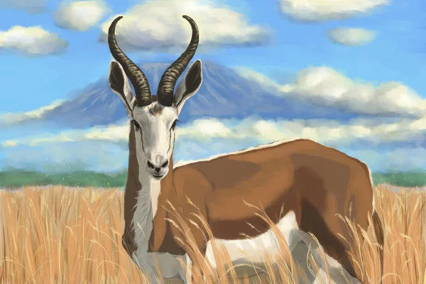Illustration of an antelope/Antelope in a yellow grass against a background of a volcanic mountain in the clouds