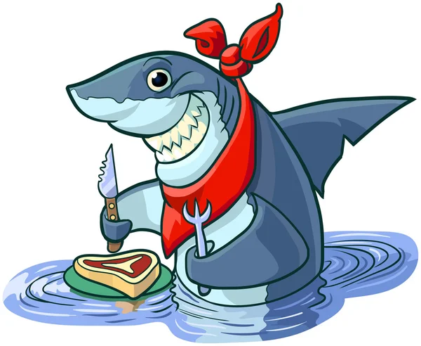 Söt glad Cartoon haj med biff och äta köksredskap — Stock vektor