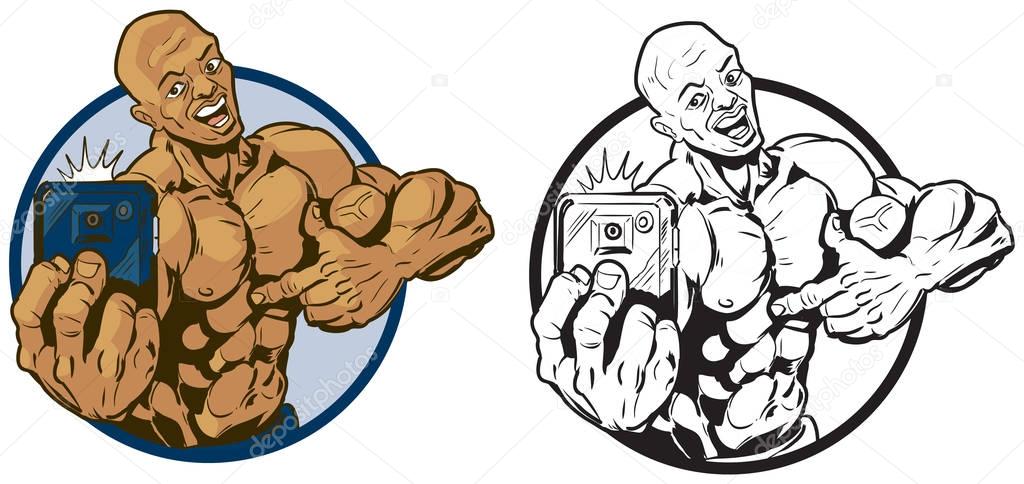 Muscular Black Man Taking Selfie Vector Illustration