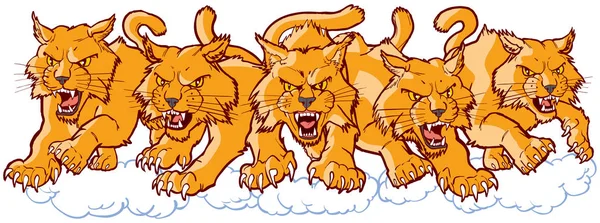 Gruppo di medie Wildcat Cartoon Mascotte Carica in avanti — Vettoriale Stock