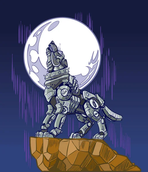 Robot Wolf aullando a la luna Vector Ilustración — Vector de stock