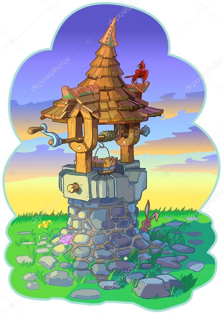 Old Fairy Tale Wishing Well with Animals Vector Cartoon