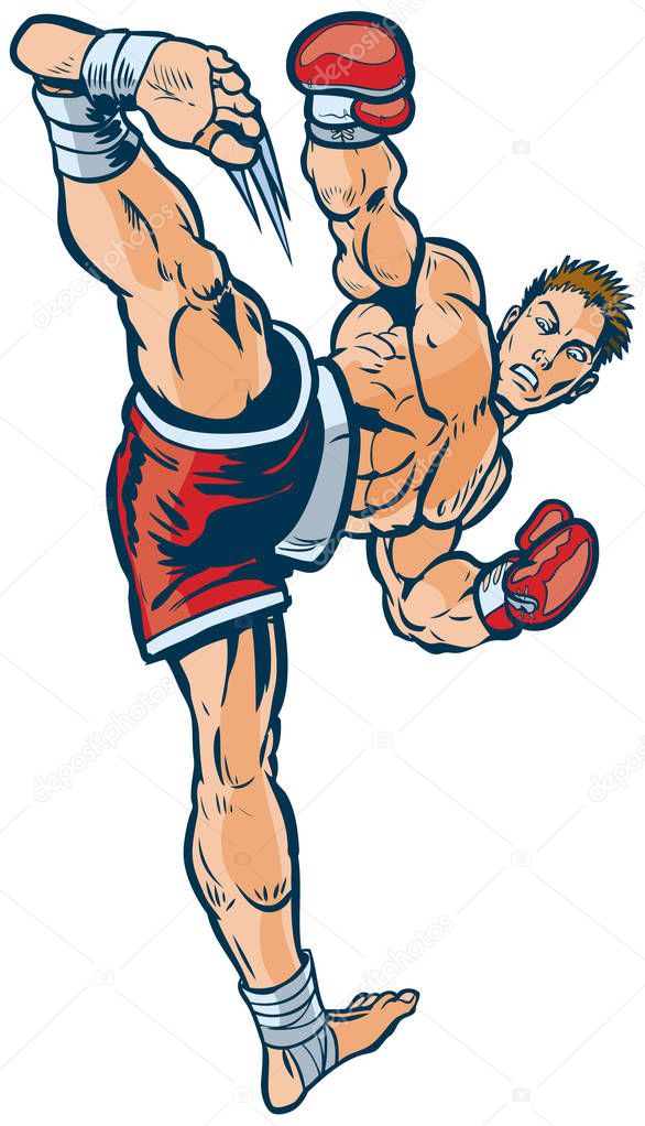Kickboxer Executing High Side Kick Vector Illustration