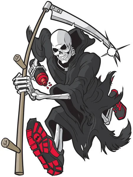 Grim Reaper Correndo com sapatos atléticos e garrafa de água — Vetor de Stock