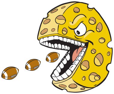 cheese wheel with face and mouth eating footballs clipart