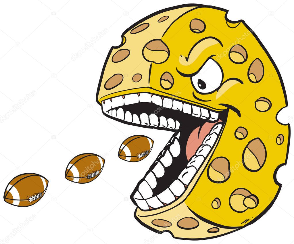cheese wheel with face and mouth eating footballs