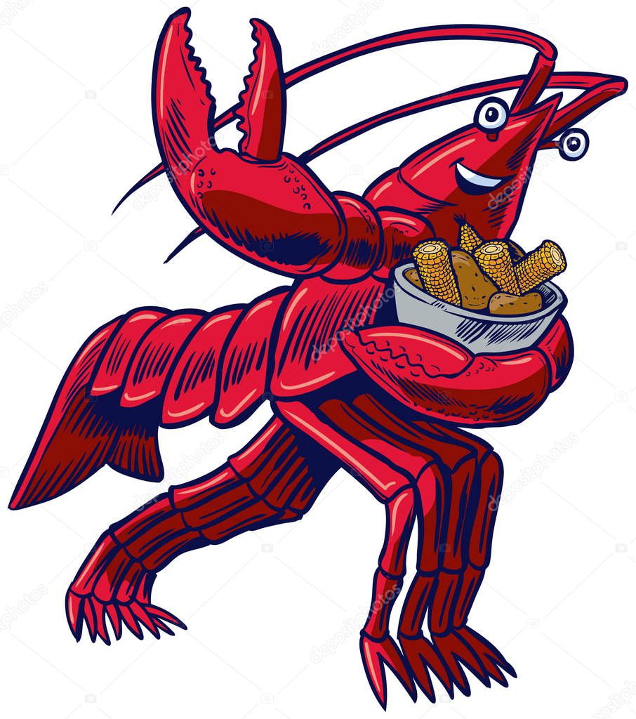 Cartoon Crayfish in Heisman Pose with Corn and Potatos