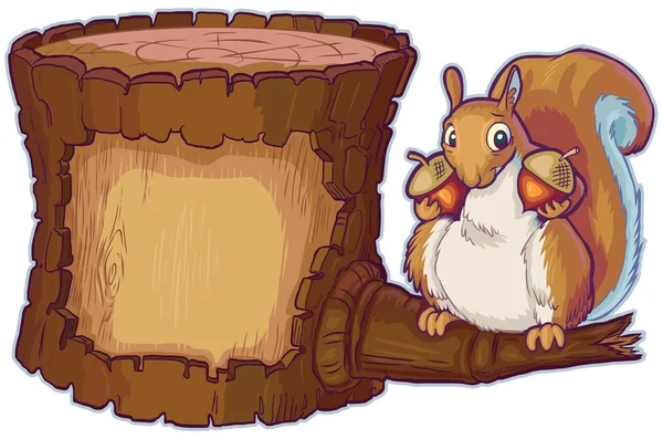Vector Cartoon Log with Squirrel Holding Two Acorn Nuts - Stok Vektor