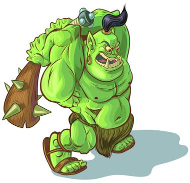 Vektör karikatür Troll Orc veya Ogre ile yükseltilmiş Club