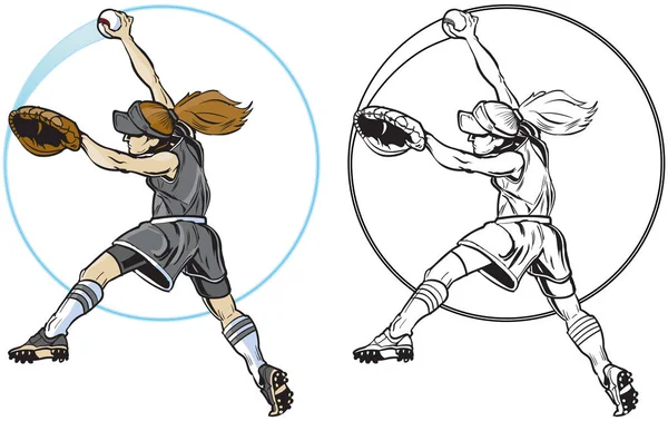 Feminino Softball Jogador Pitching Vector Clip Art — Vetor de Stock