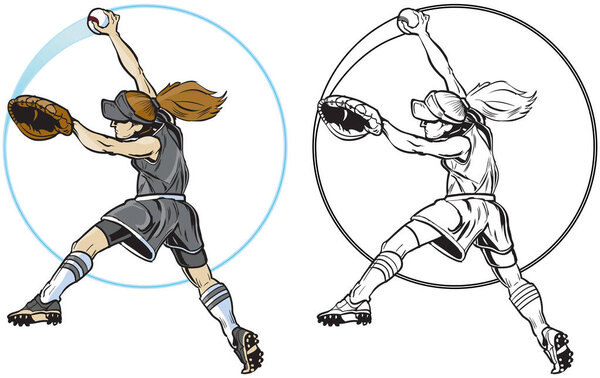 Female Softball Player Pitching Vector Clip Art