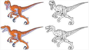 Vector karikatür karikatür çizimi. Sert, hızlı koşan dinozor maskotu. Kafası yan ve ön manzaralı. Renkli ve siyah ve beyaz.