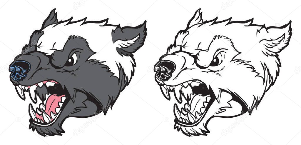 Vector Cartoon Clip Art Illiusration of a growling wolverine mascot head in color and black and white.