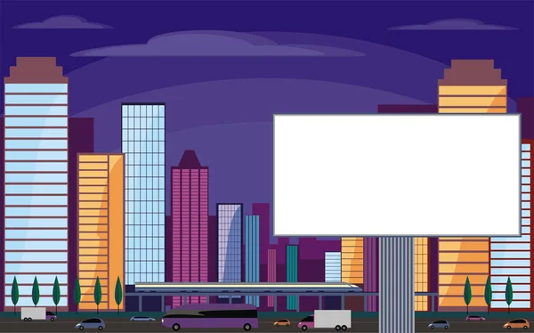 Valla publicitaria y ciudad nocturna — Vector de stock