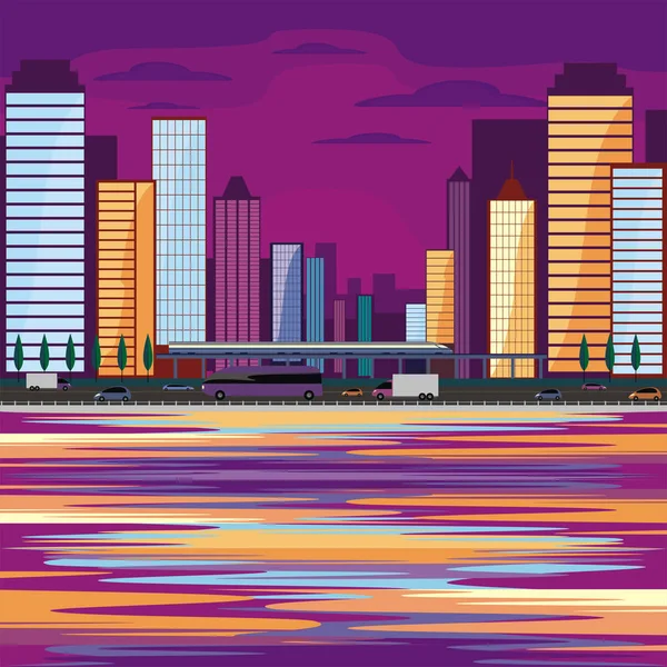 Noche ciudad costera — Vector de stock