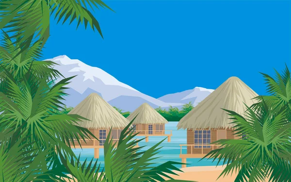 Zee, palmbomen en bungalow — Stockvector