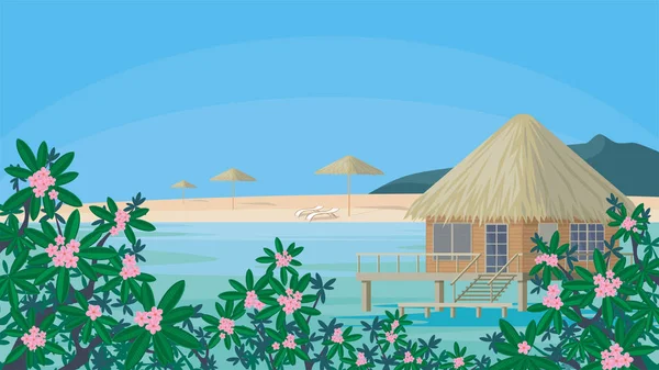 Tropisk strand och bungalow — Stock vektor