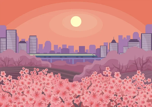 Floreciente cerezo oriental y ciudad — Vector de stock