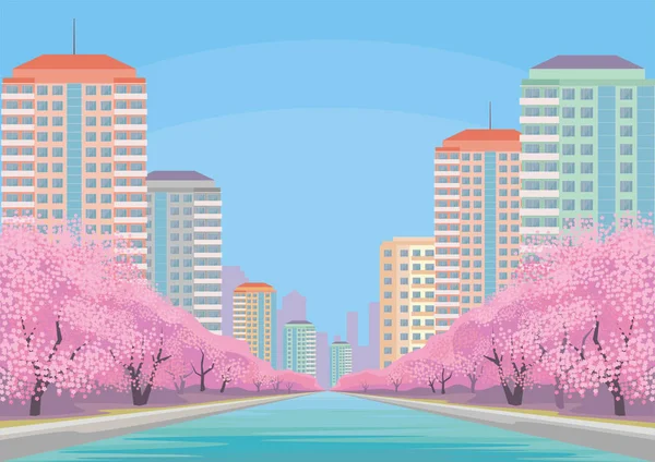 Sakura y la gran ciudad — Vector de stock