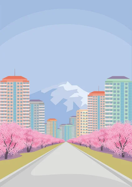 Gran ciudad y Sakura — Vector de stock