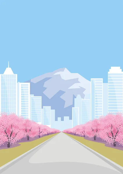 Sakura, ciudad y montañas — Vector de stock
