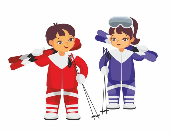 Jongen en meisje met ski 's — Stockvector
