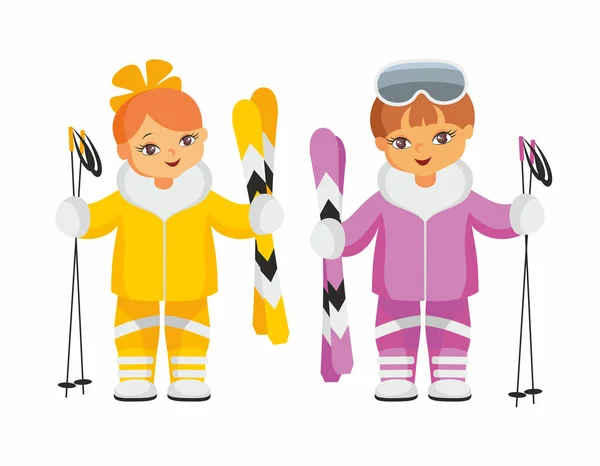 Kız ve erkek kayaklar ile — Stok Vektör