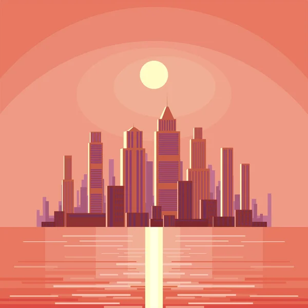 พระอาทิตย์ขึ้นในเมืองริมทะเล — ภาพเวกเตอร์สต็อก
