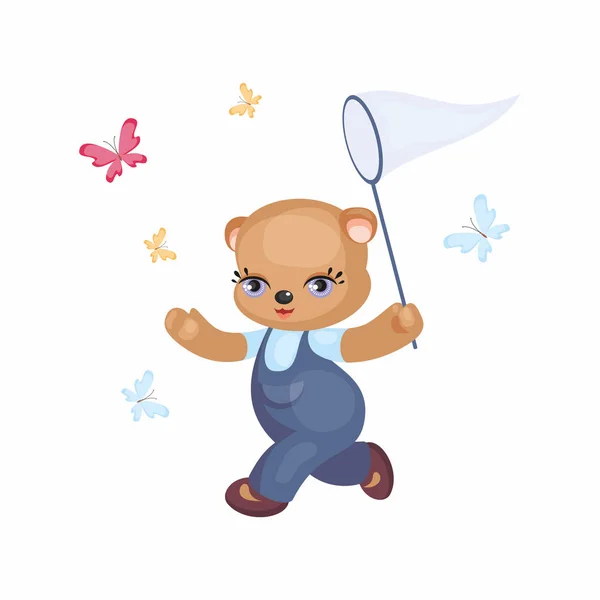 Teddy bear catches butterflies — Stock Vector