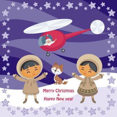 Christmas greeting card with the image of the Eskimo people and Santa Claus. Vector illustration. clipart