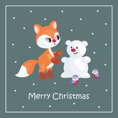Küçük şirin fox görüntü ile Noel tebrik kartı. Vektör çizim.