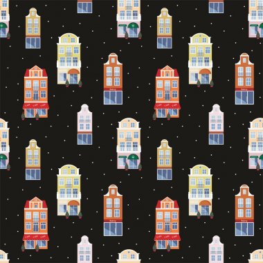 Tam renkli görüntü tarihi kent evleri ile seamless modeli. Vektör arka plan.