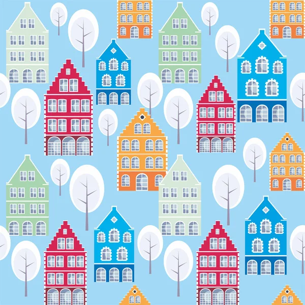 Full color seamless pattern with the image of the houses of the old town. Vector background.