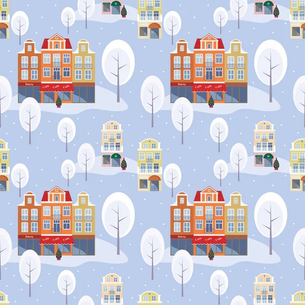 Full color seamless pattern with the image of the houses of the old town. Vector background.