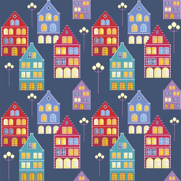 Full color seamless pattern with the image of the houses of the old town. Vector background.