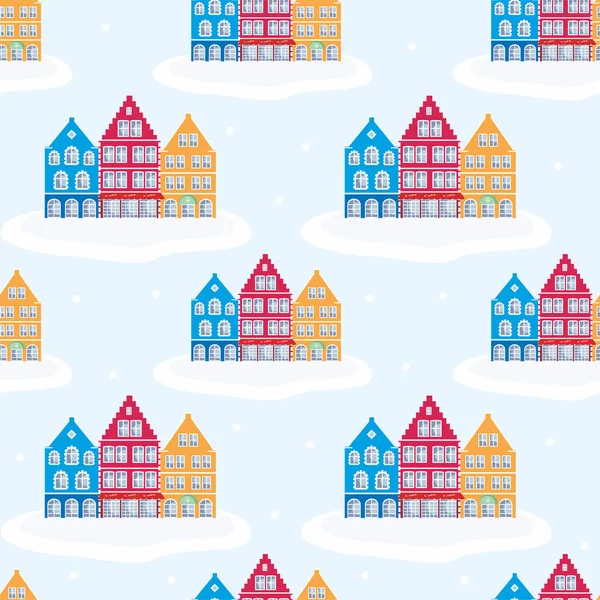 Full color seamless pattern with the image of the houses of the old town. Vector background.