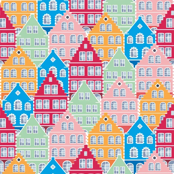Full color seamless pattern with the image of the houses of the old town. Vector background.