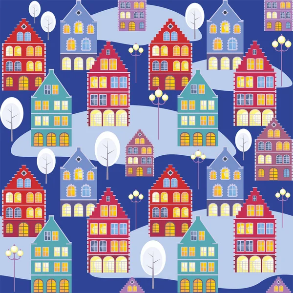 Full color seamless pattern with the image of the houses of the old town. Vector background.