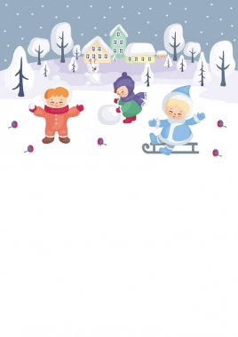 Colorful background with the image of children on winter walk. Vector illustration. clipart