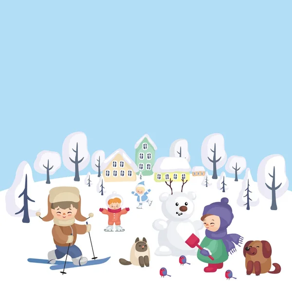 Kleurrijke Achtergrond Met Afbeelding Van Kinderen Winter Lopen Vectorillustratie — Stockvector