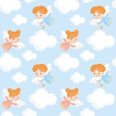 Oldukça küçük bir melek görüntü ile Seamless modeli. Vektör arka plan.