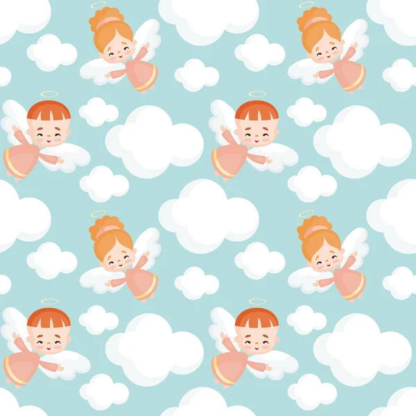 Oldukça küçük bir melek görüntü ile Seamless modeli. Vektör arka plan.