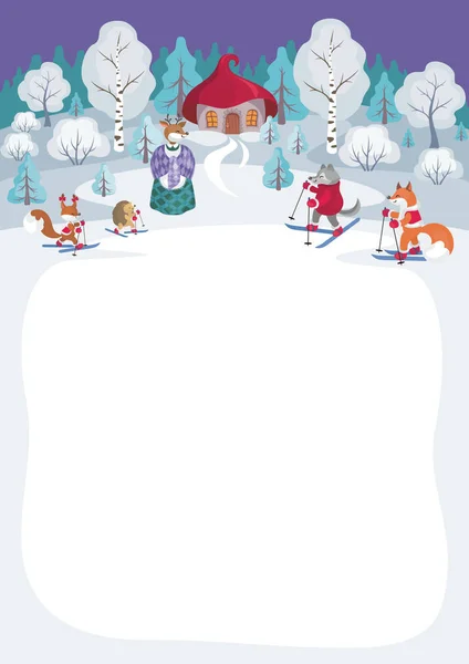 面白い森の動物と冬の風景のイメージで子どもの背景 — ストックベクタ